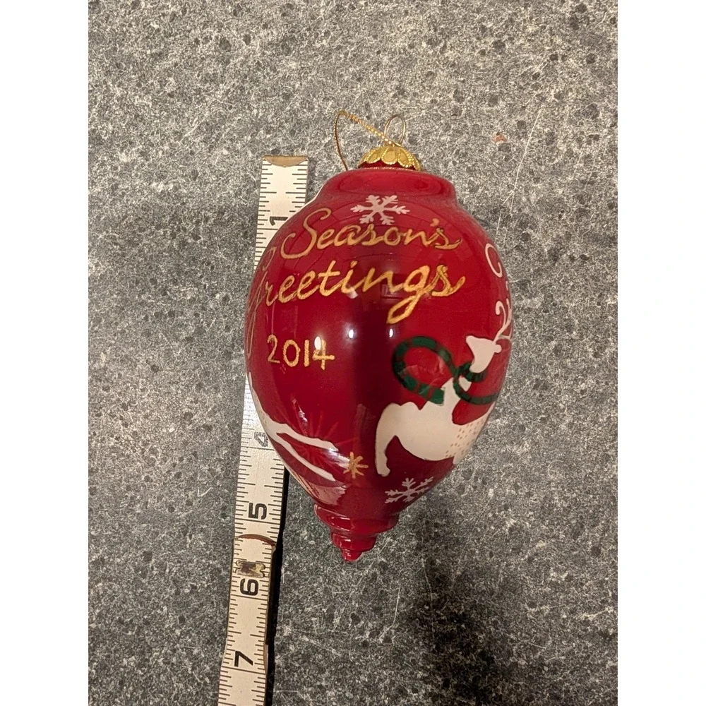 Pier 1 Red Reindeer Seasons Greetings 2014 Christmas Ornament Glass